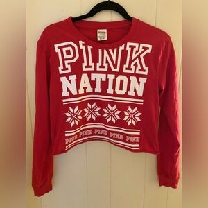 PINK Pink Nation Women's Red White Long Sleeve Crop Top, S